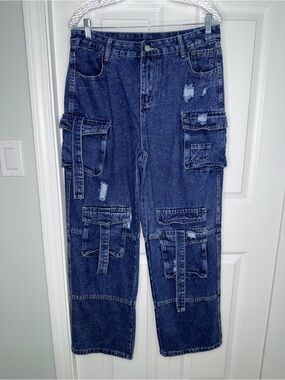 Y2K Distressed Multi Pocket Cargo Jeans Baggy Wide Leg Strap Detail Size XL